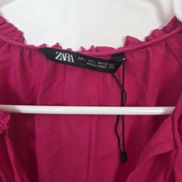 Zara‎ Fuschia Pink Smocked Embroidered Puff Sleeve Tassels Mini Dress Size Large - Picture 6 of 10
